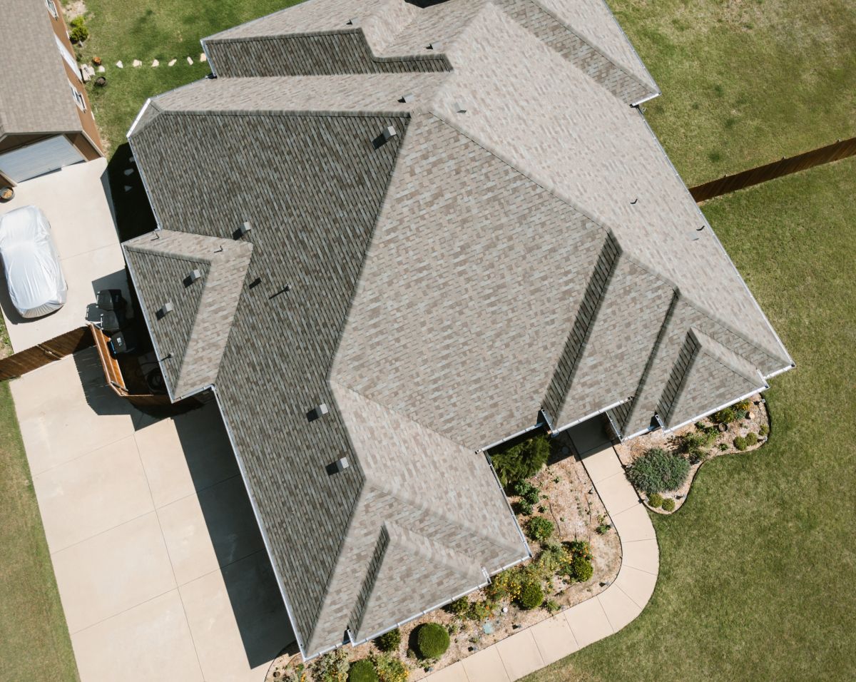Aerial view of a shingle roof on a house