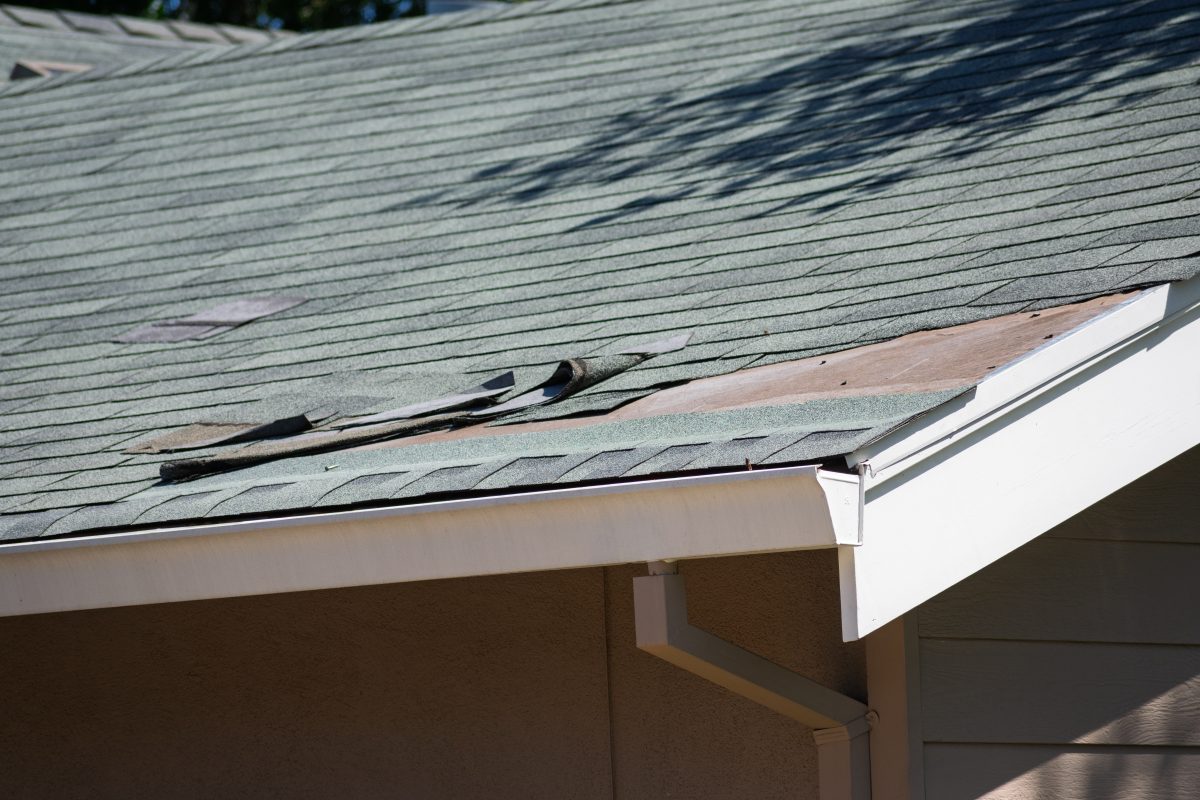 roof inspection midlothian Asphalt shingle roofing on a residential home with visible damage, curled edges, and exposed sheathing. Close up